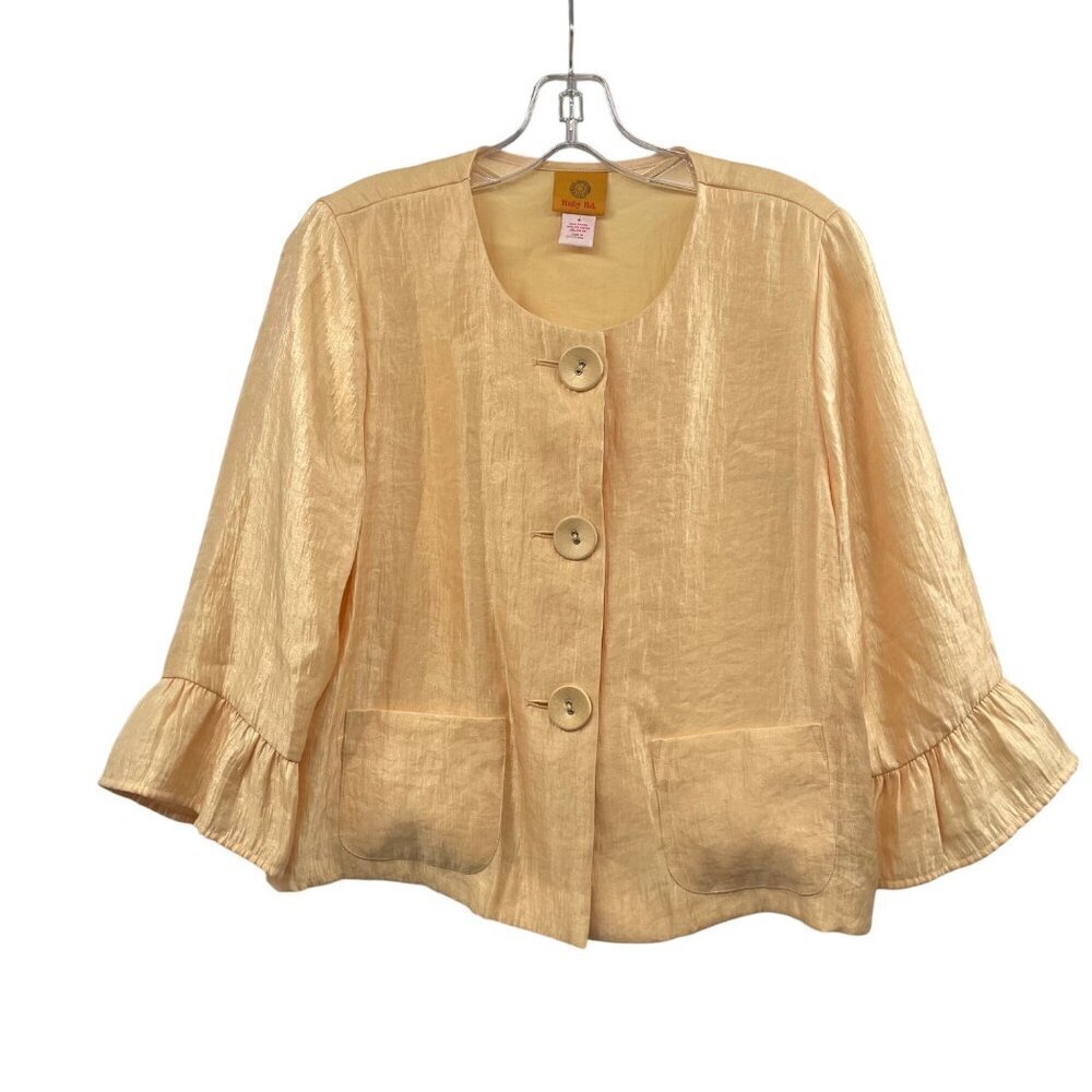 Ruby Rd. Womens Lightweight Button Up Blazer 3/4 Sleeve Ruffle Cuff Yellow Sz 6